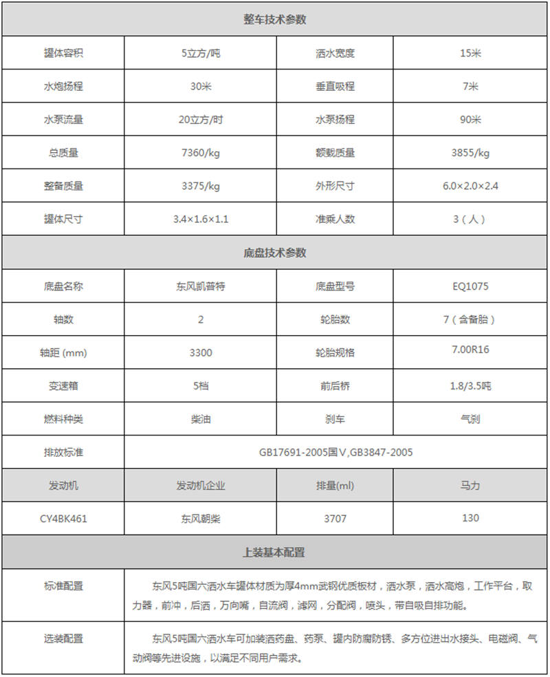 國(guó)六5噸灑水車參數(shù)