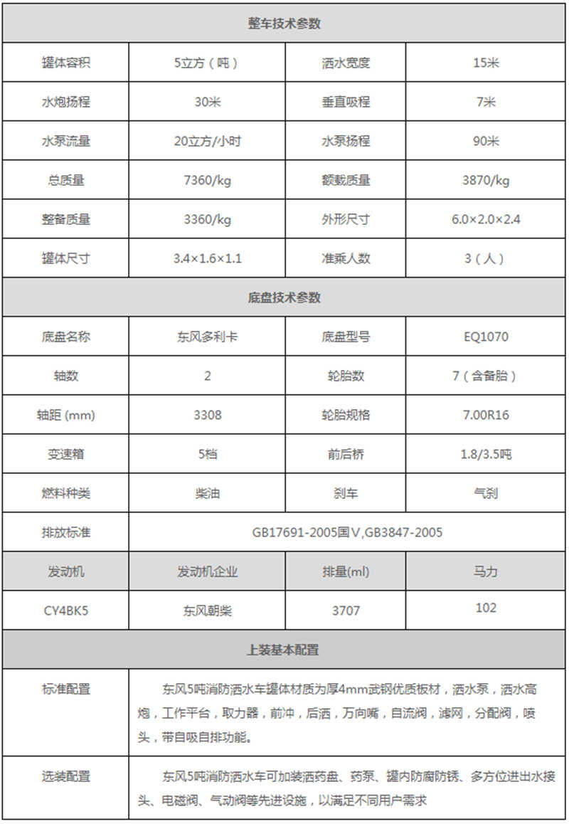 東風(fēng)5噸消防灑水車參數(shù)