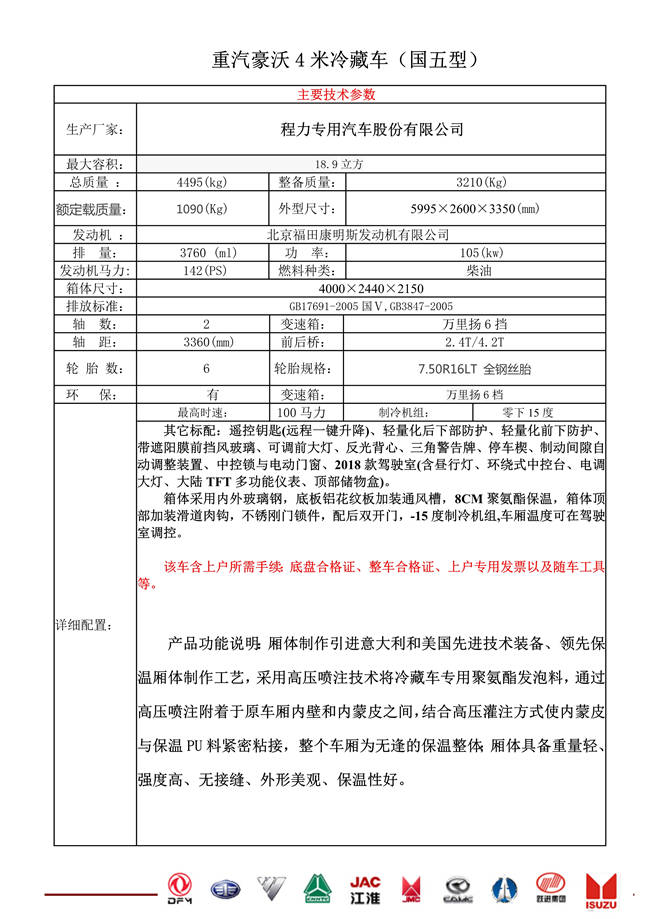 重汽豪沃4米冷藏車(chē)(圖1)